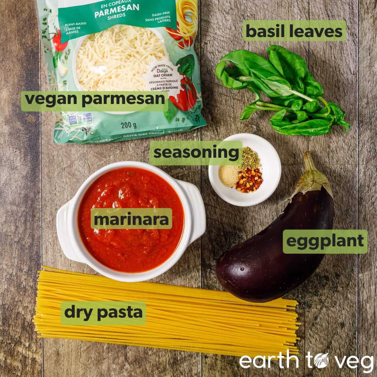 Ingredients for vegan spaghetti alla norma.