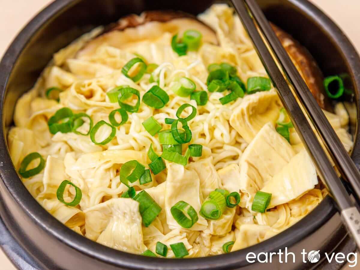 Bowl of yuba tofu skin soup.