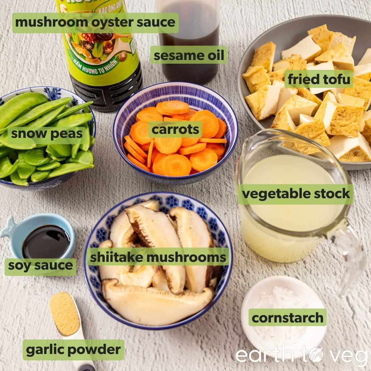 Ingredients for vegetarian hong shao tofu.