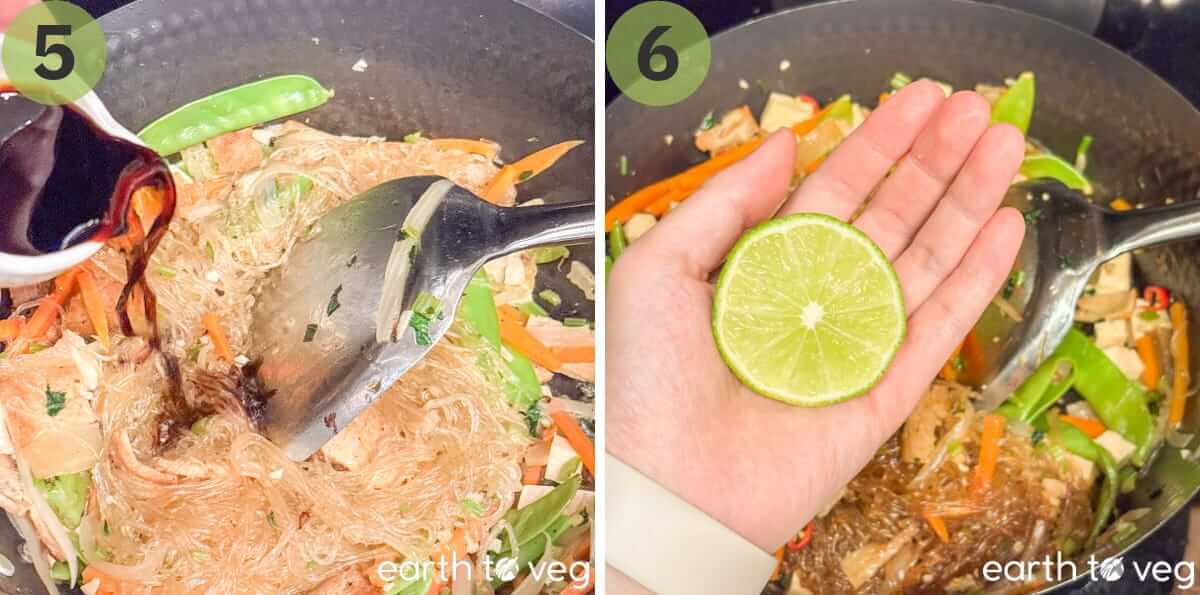 Vegan pancit guisado is seasoned with soy sauce and lime juice before serving.