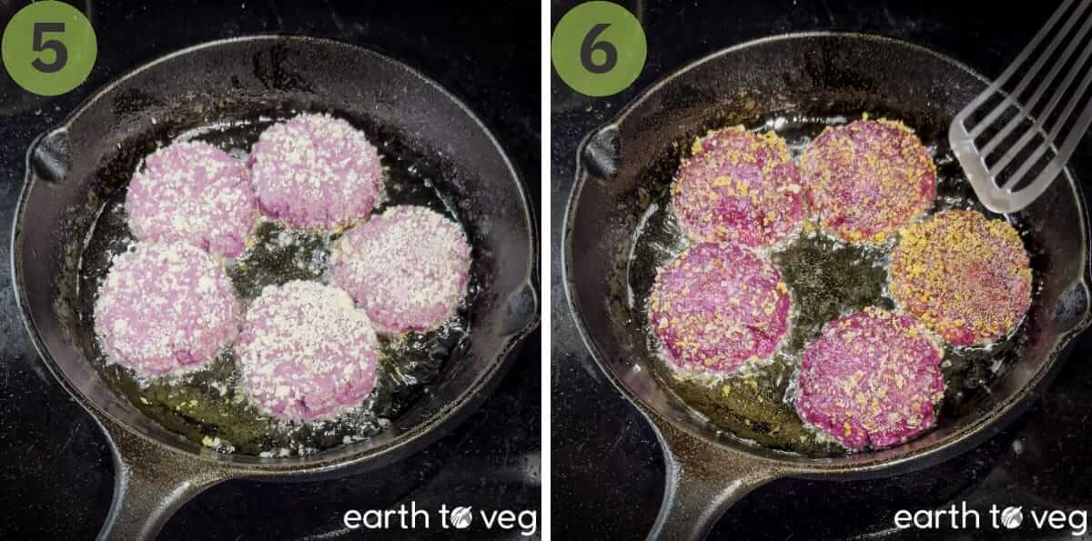 Purple sweet potato rice cakes are shallow-fried in a cast iron pan.