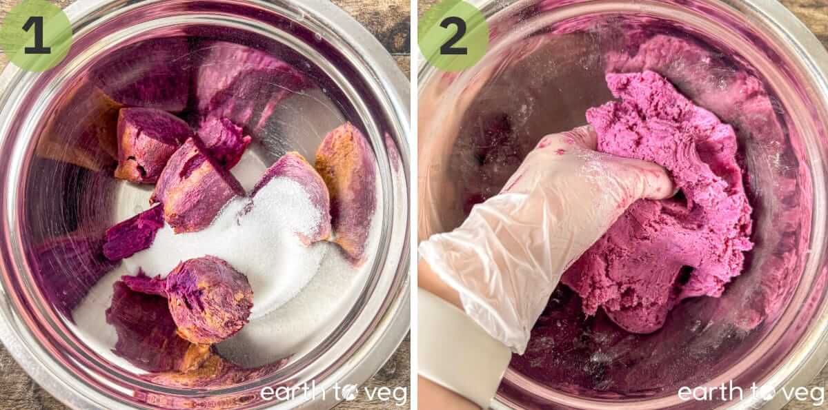 Mashing purple yam, rice flour, and sugar together to make mochi dough.