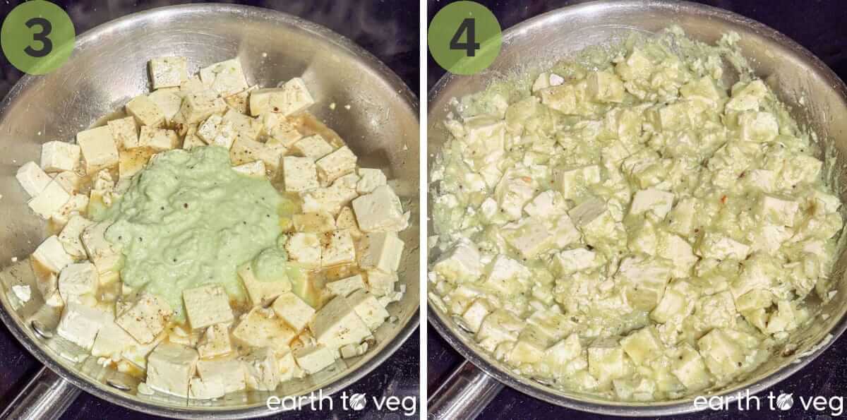 Tofu and chutney are mixed together in the frying pan.