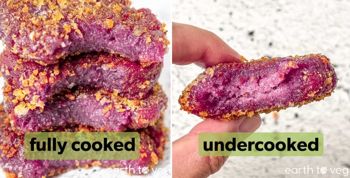 Comparison of a properly cooked purple yam mochi vs an undercooked one.