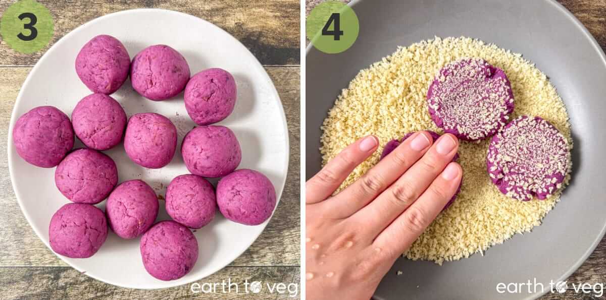 Purple sweet potato mochi dough is rolled into balls and coated in breadcrumbs.