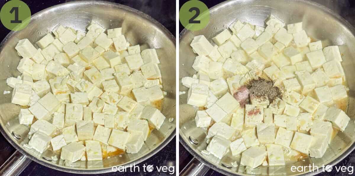 Tofu is sauteed in sesame oil and seasoned with salt, pepper, and kala namak.