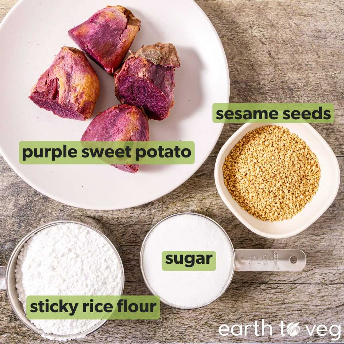 Ingredients for pan-fried sweet potato mochi.