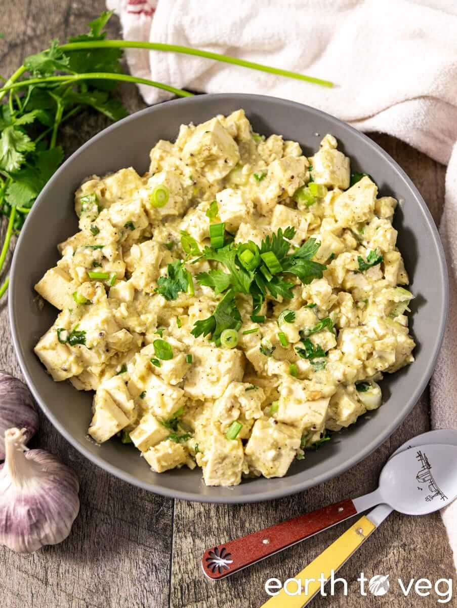 A large plate of vegan tofu chutney scramble.