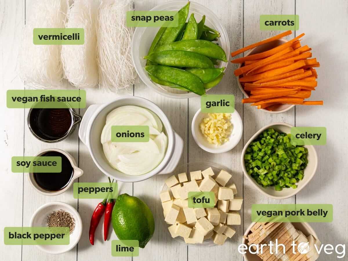 Ingredients for vegan pancit guisado on a kitchen counter.