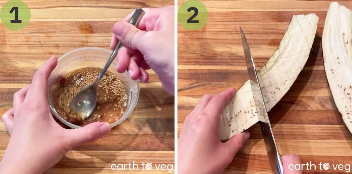 Mix the sesame sauce and slice up the eggplants.