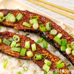 Nasu dengaku (Japanese eggplants) over a bed of rice.