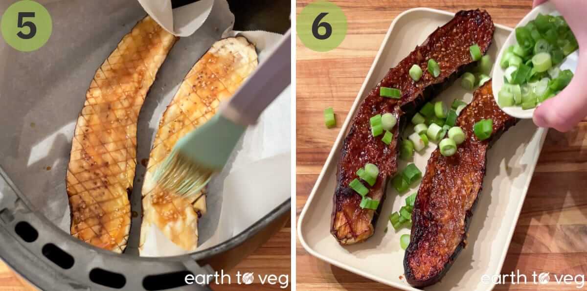Roasted sesame Japanese eggplants topped with green onions.