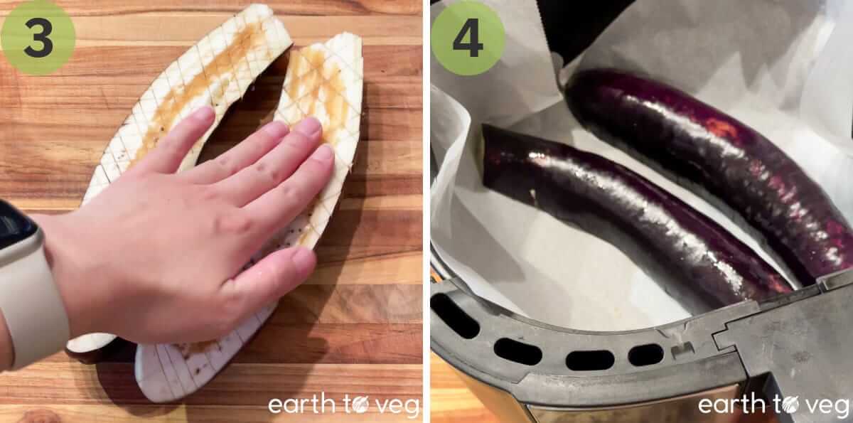 Rub sesame oil over the cross-hatched eggplants and put them in the air fryer.