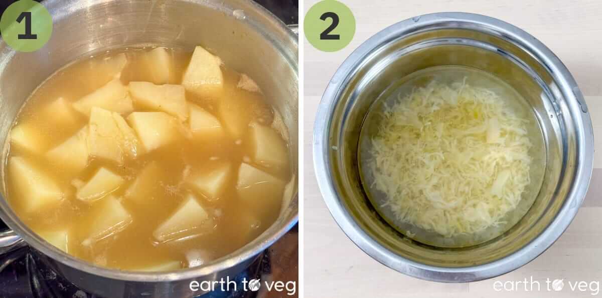 The potatoes are boiled and the sauerkraut is rinsed in preparation for lepenice.