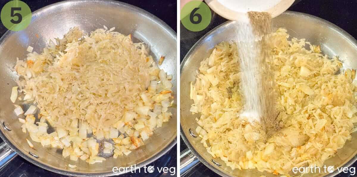 The sauerkraut is mixed in with the onions and salt and pepper are added.