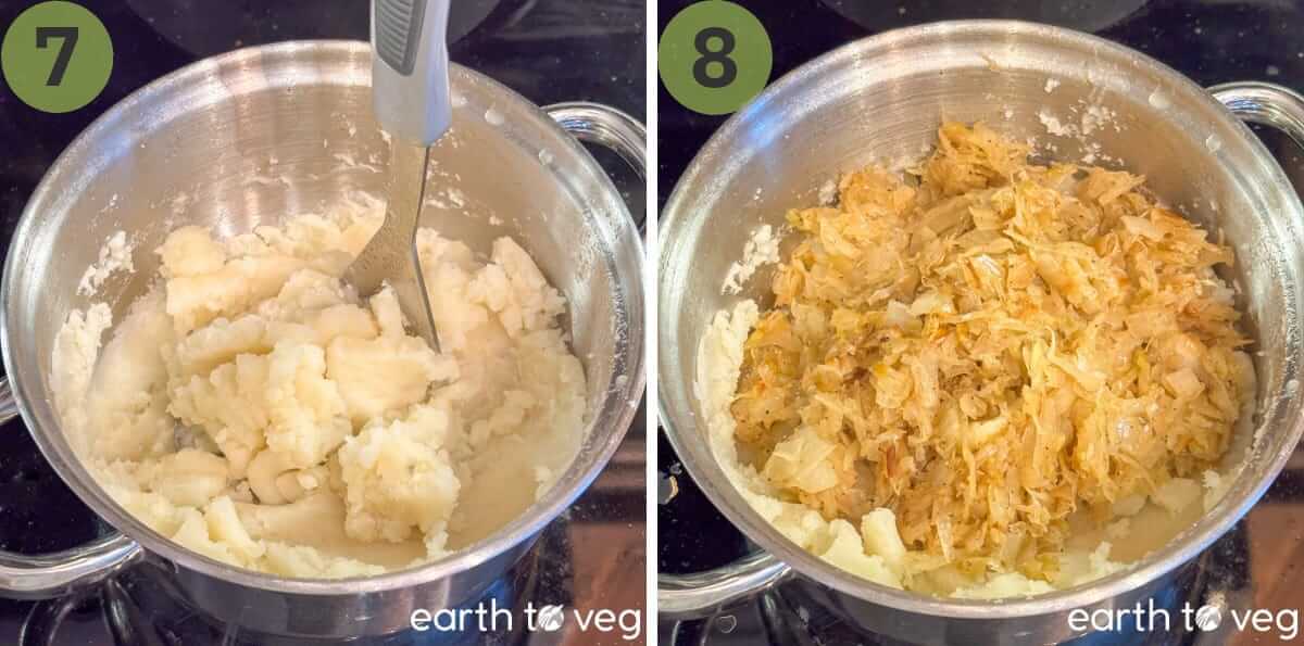 The potatoes are mashed and the sauerkraut-onion mixture are mixed in.