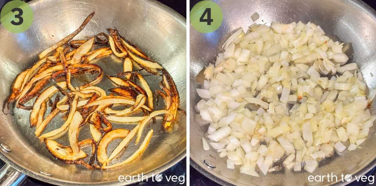 Half of the onions are fried until crispy, and the rest are sauteed.