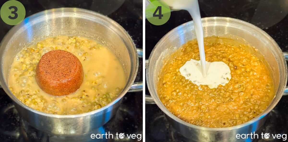 A block of jaggery placed into the pot of cooked mung beans, then coconut milk being poured in.