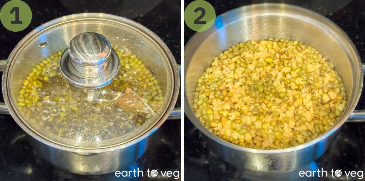 Mung beans simmering under a glass lid, then fully softened after most of the water is absorbed.