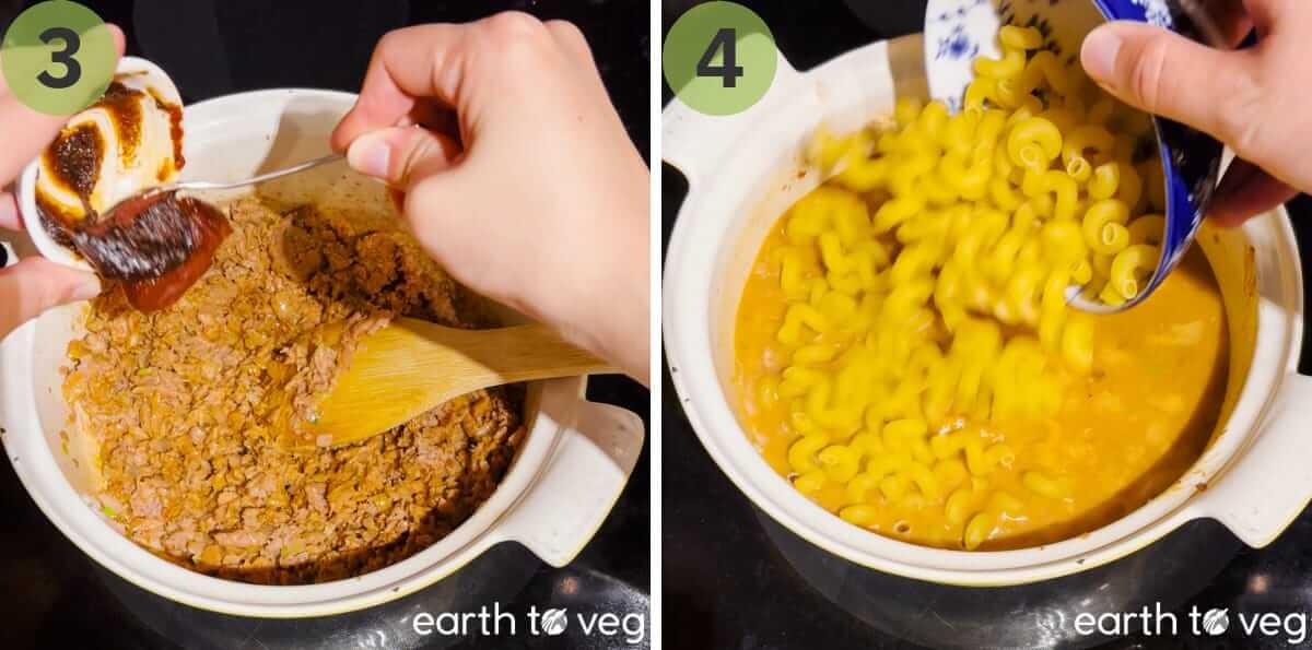 The vegan ground meat is seasoned with spices and pasta is added.