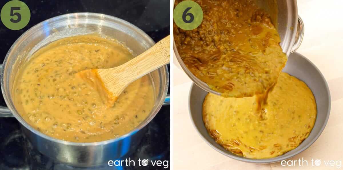 The godshe mixture stirred smooth with a wooden spoon, then poured from the pot into a round serving pan.