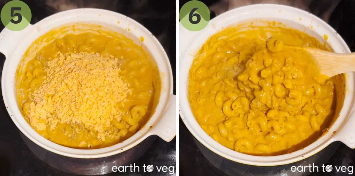 Vegan cheese is stirred into Hamburger Helper pasta until melted.