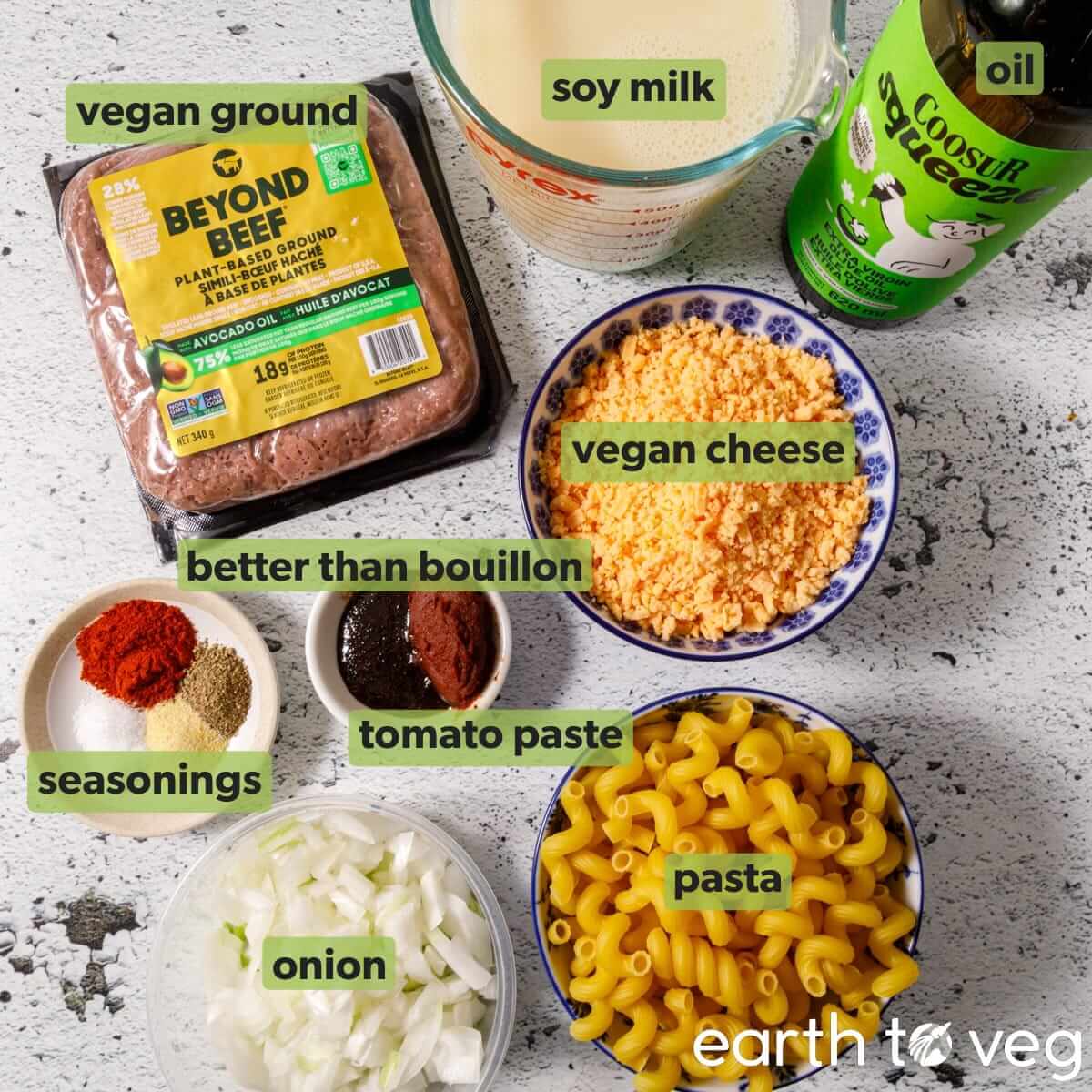 Ingredients for vegan Hamburger Helper on a white countertop.