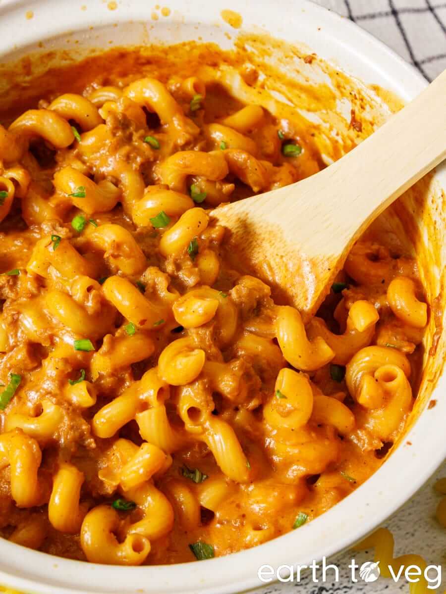 Vegan Hamburger Helper pasta in a Dutch oven.