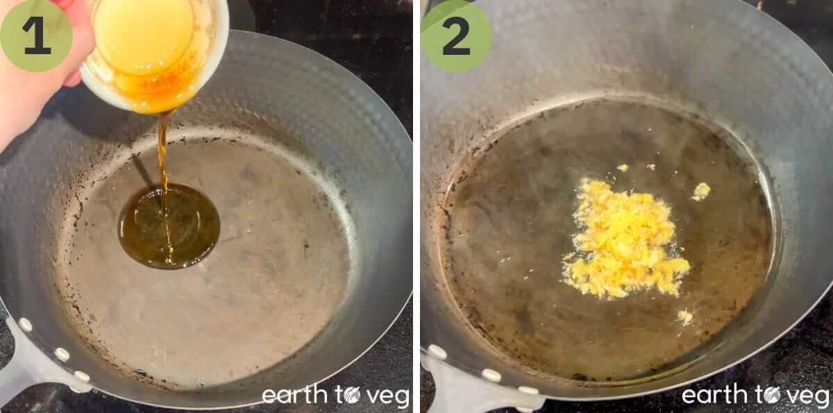Toasted sesame oil poured into a hot wok, then smashed ginger and garlic sizzling in the oil.