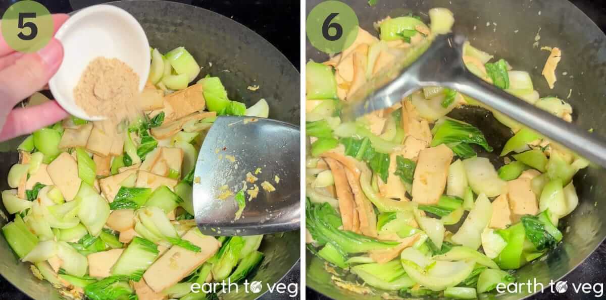 Mushroom bouillon powder sprinkled over the stir fry from a small white bowl, then the finished tofu and bok choy tossed together in the wok, leaves glossy and tender.