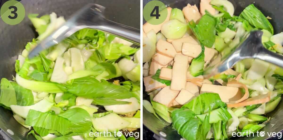 Chopped bok choy stirred in a wok with a metal spatula, then sliced marinated tofu added on top of the wilting greens.