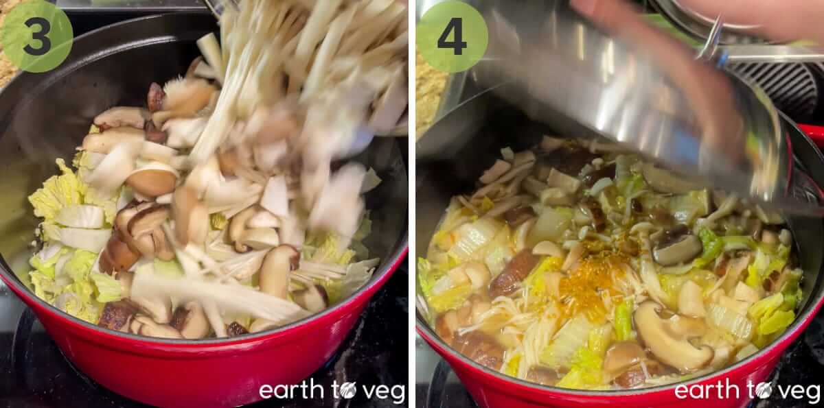 Napa cabbage and mushrooms added to a red soup pot with broth for mushroom soup.