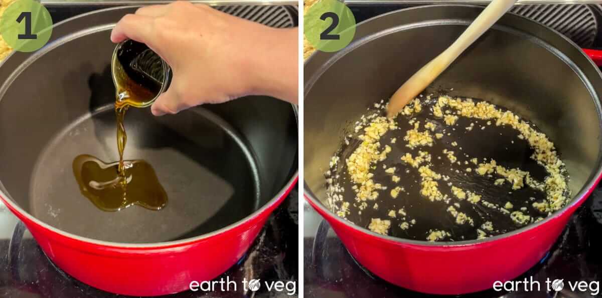Garlic sauteing in sesame oil in a red stock pot.