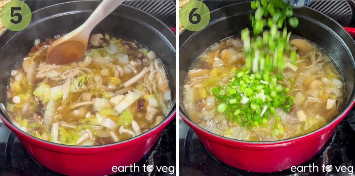 Napa cabbage mushroom soup simmering in a pot as chopped scallions are added.
