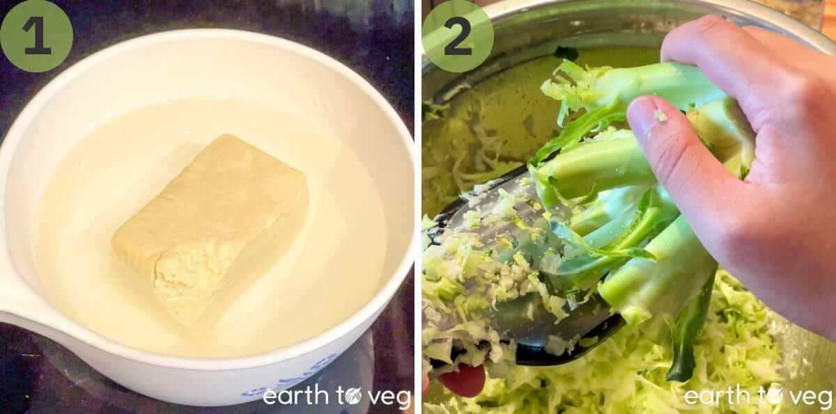 Tofu simmering in water and broccoli stalks being shredded for salad.