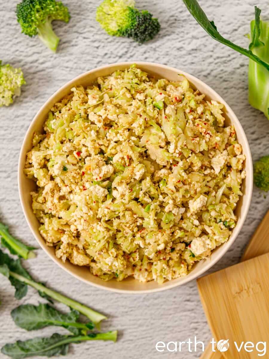 Broccoli stem salad with crumbled tofu.