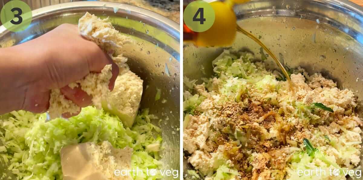 Crumbled tofu added to shredded broccoli stems with sesame seeds and seasoning.