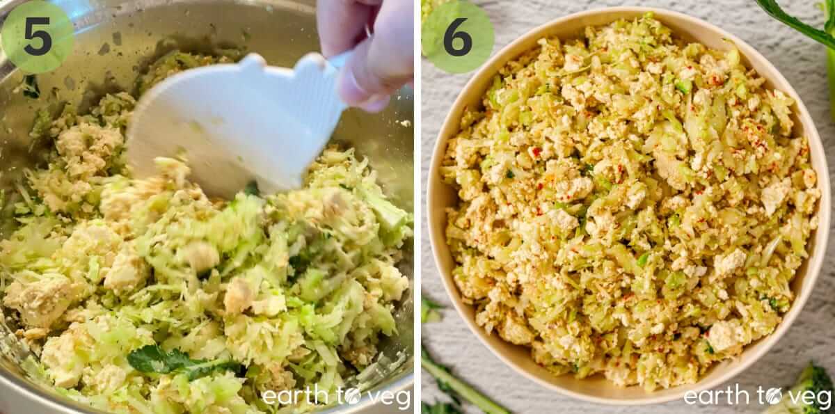 Broccoli stalk salad being mixed with crumbled tofu and served in a bowl.